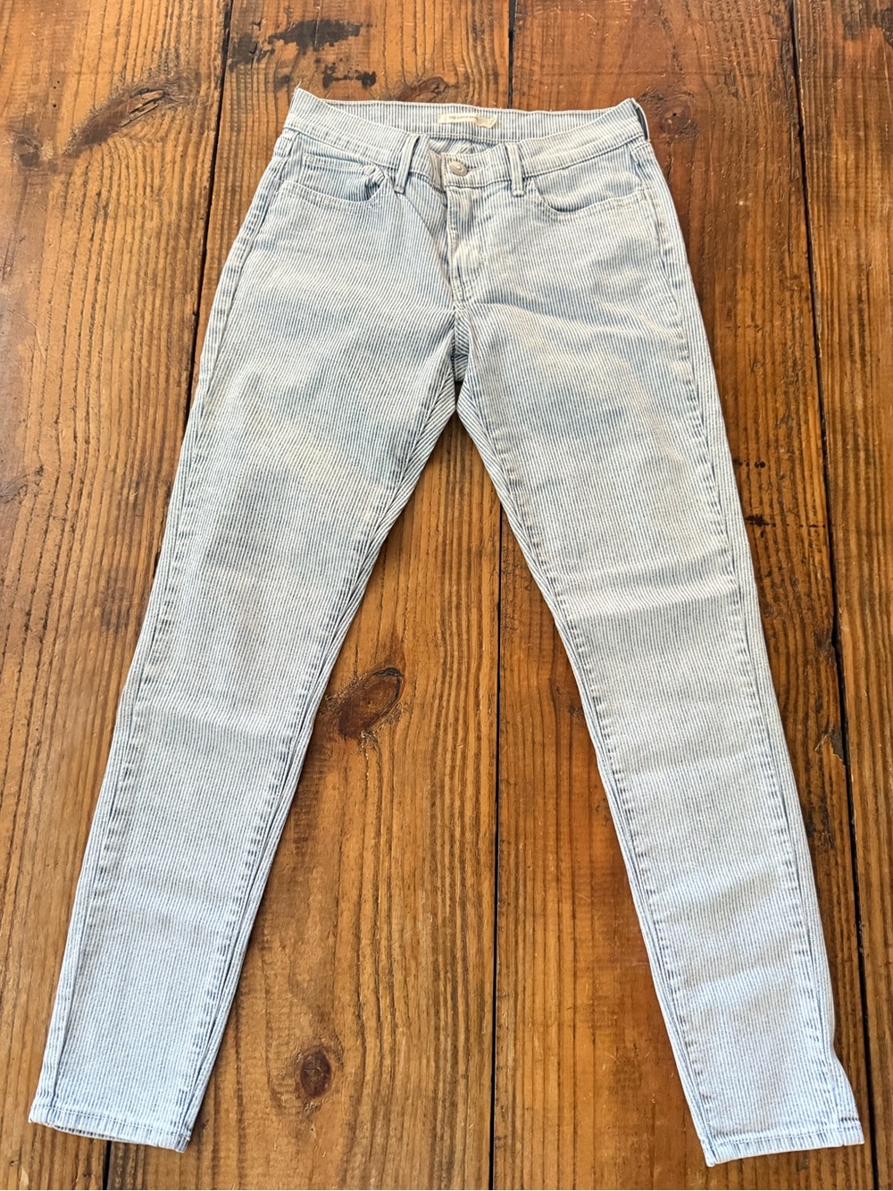 Levi’s Super Skinny Railroad Stripe Jeans W27 L30 Blue White Stretch Ankle Denim